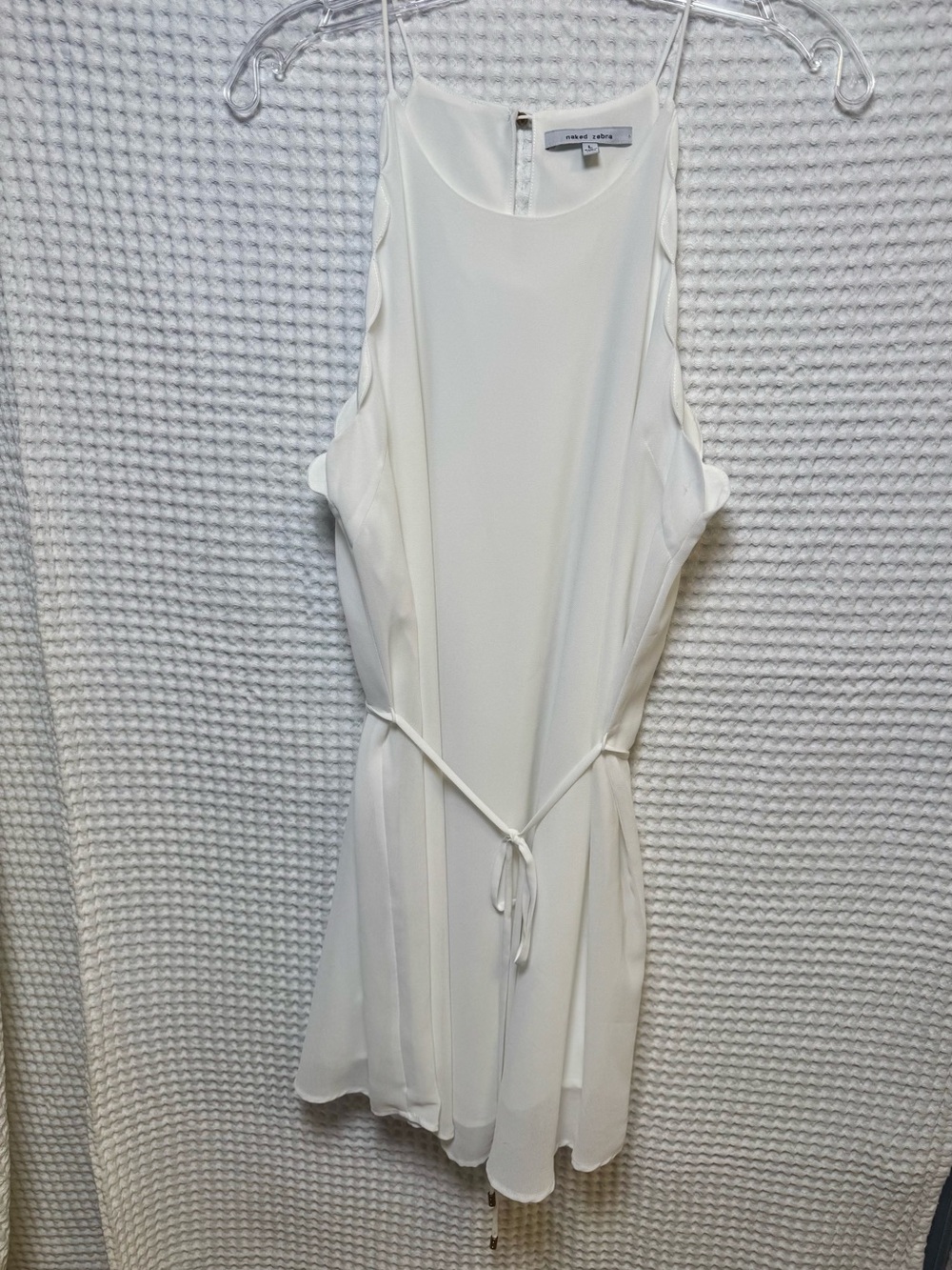 Naked Zebra White Scalloped Halter Neck Layered Mini Dress, Size Large